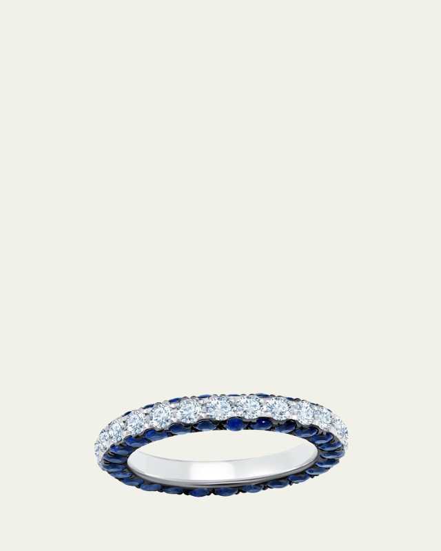18K White Gold 3-Sided Diamond and Blue Sapphire Band Ring, Size